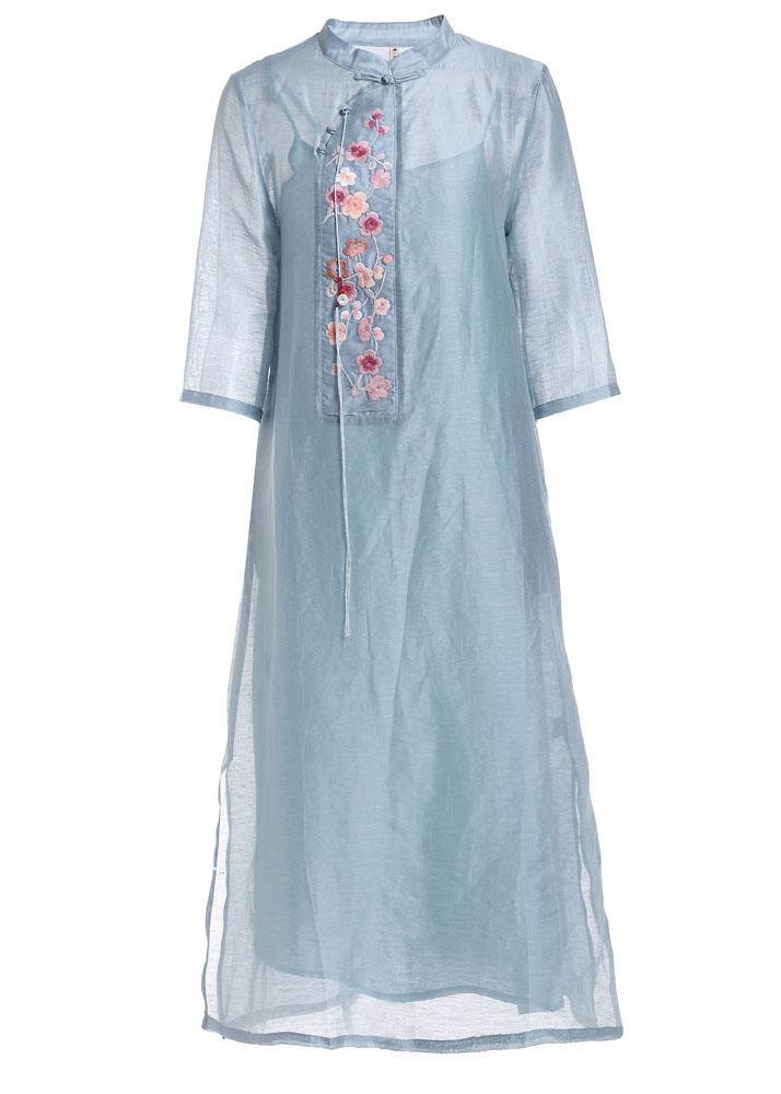 Blue Side Open Embroideried Summer linen Vacation Dresses Half Sleeve - SooLinen