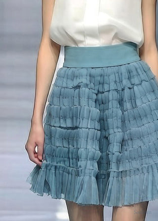 Blue Solid Elastic Waist Tulle Skirt Wrinkled