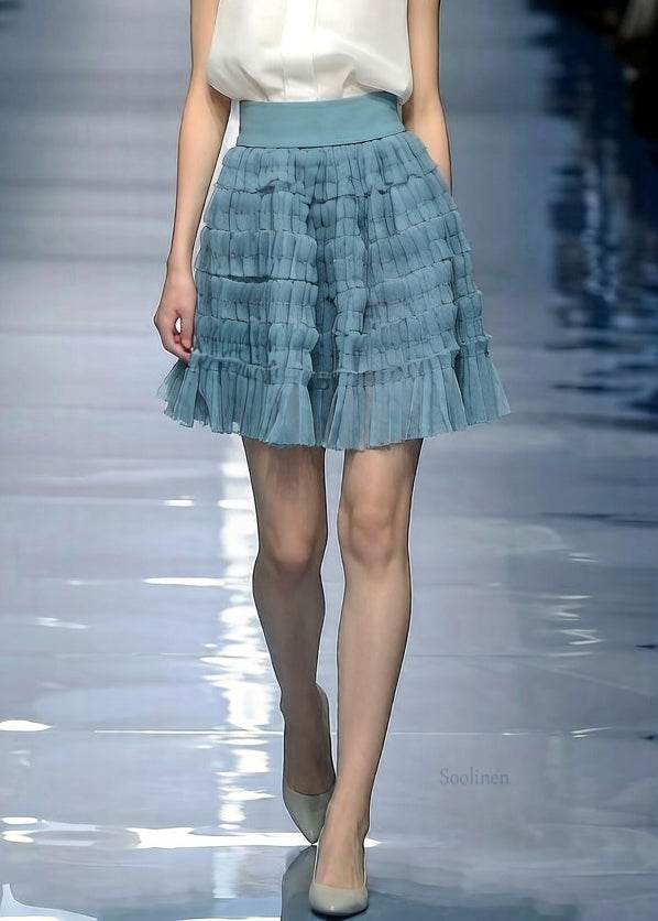 Blue Solid Elastic Waist Tulle Skirt Wrinkled