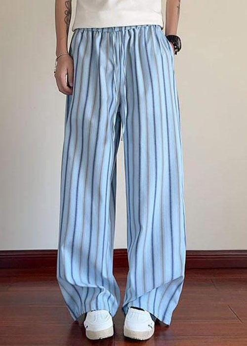 Blue Striped Lace Up Cotton Summer Men Pants Elastic Waist