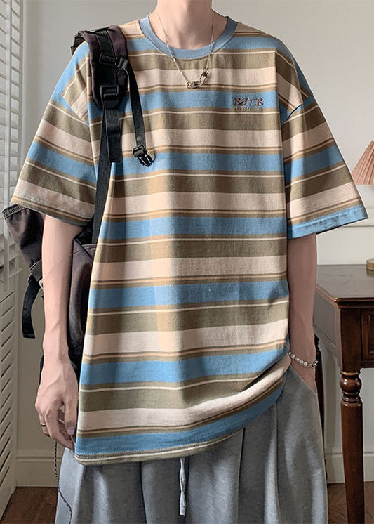 Blue Striped Letter Cotton T Shirts Men O Neck Summer