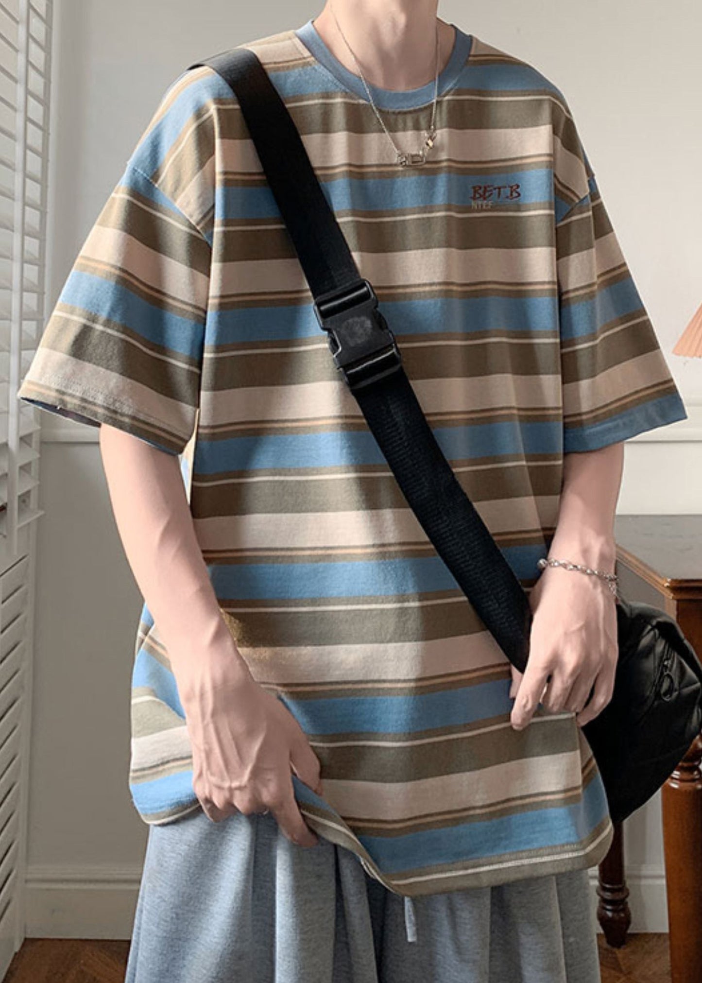 Blue Striped Letter Cotton T Shirts Men O Neck Summer