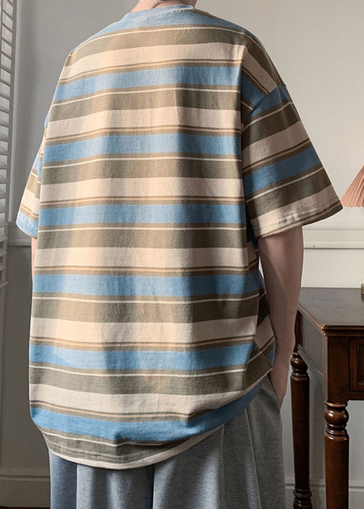 Blue Striped Letter Cotton T Shirts Men O Neck Summer