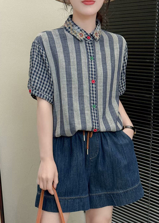 Blue Striped Linen Shirt Top Embroidered Summer