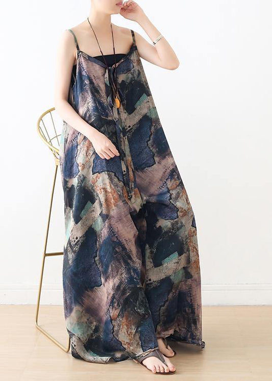Blue Suspender Print Women Summer New Oversized Wide Leg Pants - SooLinen