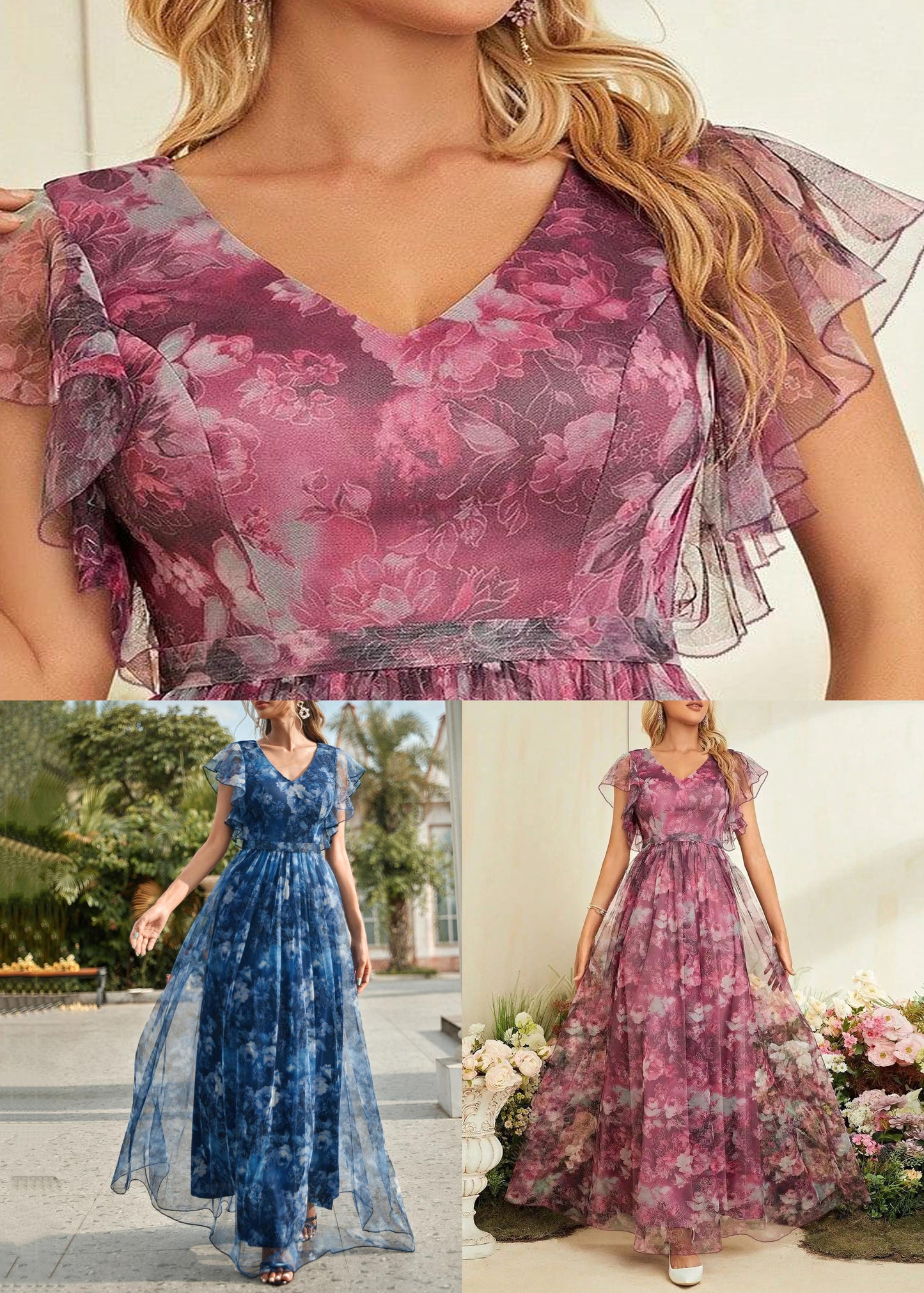 Blue V Neck Patchwork Tulle Long Dresses Short Sleeve