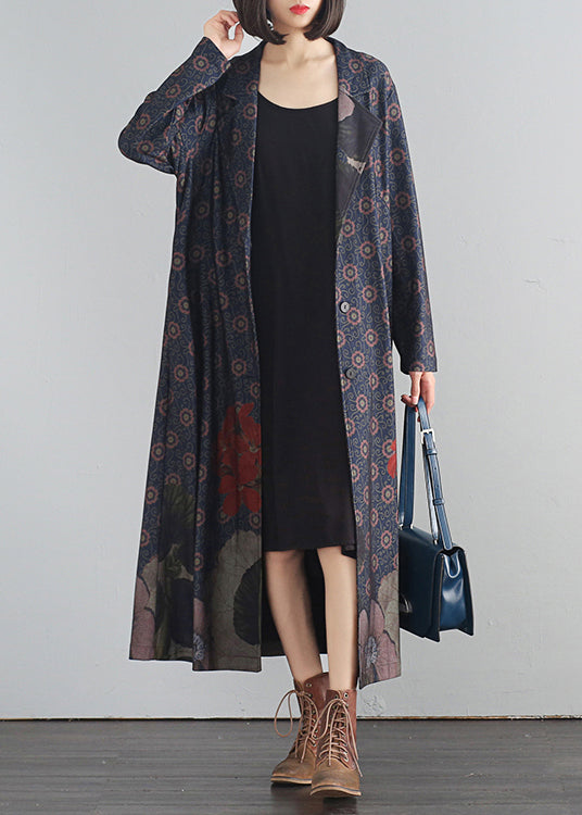 Blauer V-Ausschnitt Print Button Lange Trenchcoats Herbst
