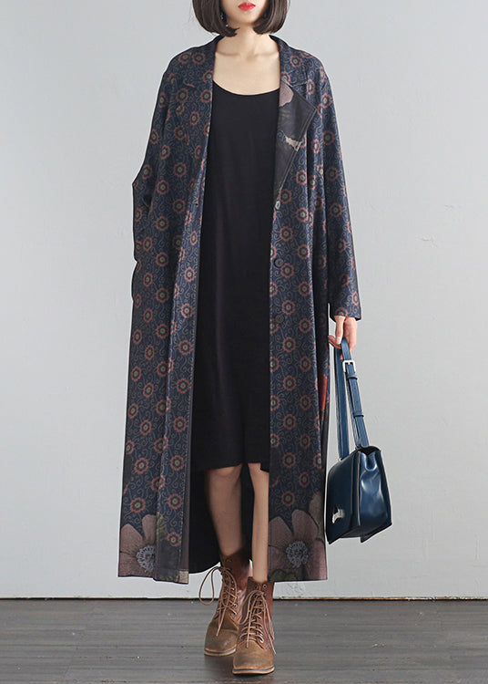 Blauer V-Ausschnitt Print Button Lange Trenchcoats Herbst