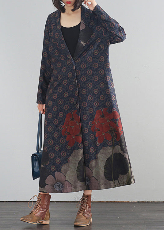 Blauer V-Ausschnitt Print Button Lange Trenchcoats Herbst