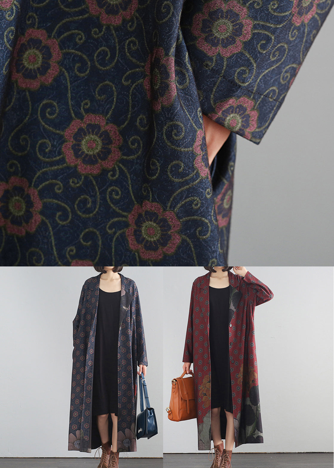 Blauer V-Ausschnitt Print Button Lange Trenchcoats Herbst