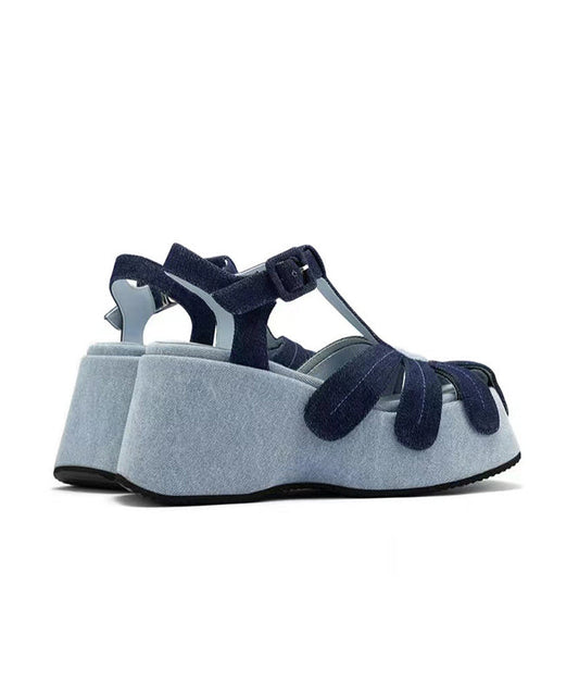 Blue Wedge Denim Fabric Fashion Splicing Hollow Out Sandals