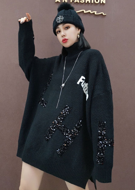 Blaues Low-High-Design Strickkleid Pailletten Winter