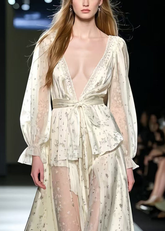 Bohemian Apricot Deep-V Print Silk Holiday Dress Summer