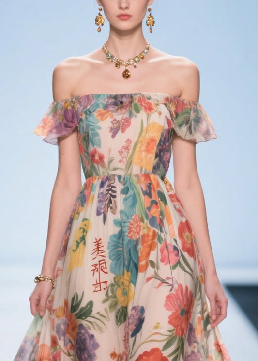 Bohemian Apricot Print Exra Large Hem Chiffon Strapless Dress Summer