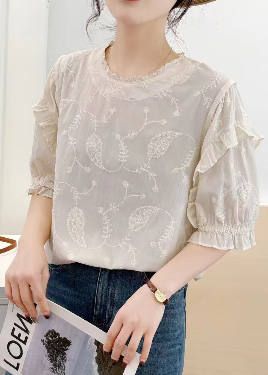 Bohemian Beige Embroideried Cotton Tanks Summer