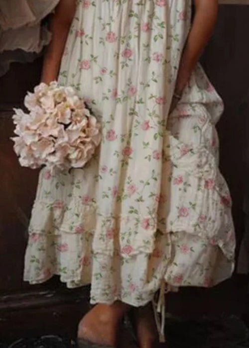 Bohemian Beige Rüschendruck Baumwolle Spaghettiträger Kleid Ärmellos