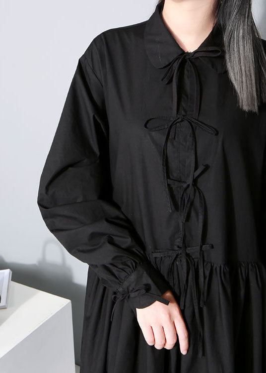 Bohemian Schwarz Cinched Bow Peter Pan Kragen Hemd Kleider Frühling