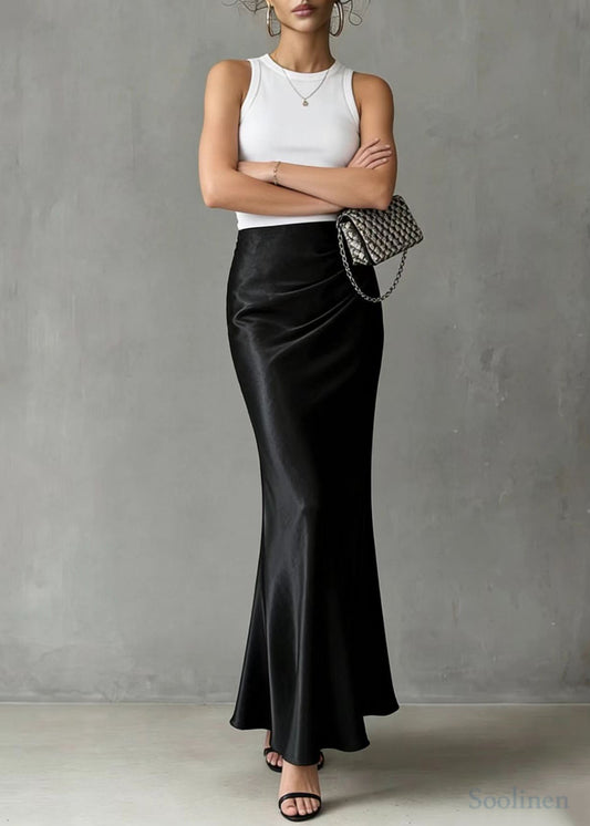 Bohemian Black Elastic Waist Draping Silk Wraped Skirt Spring