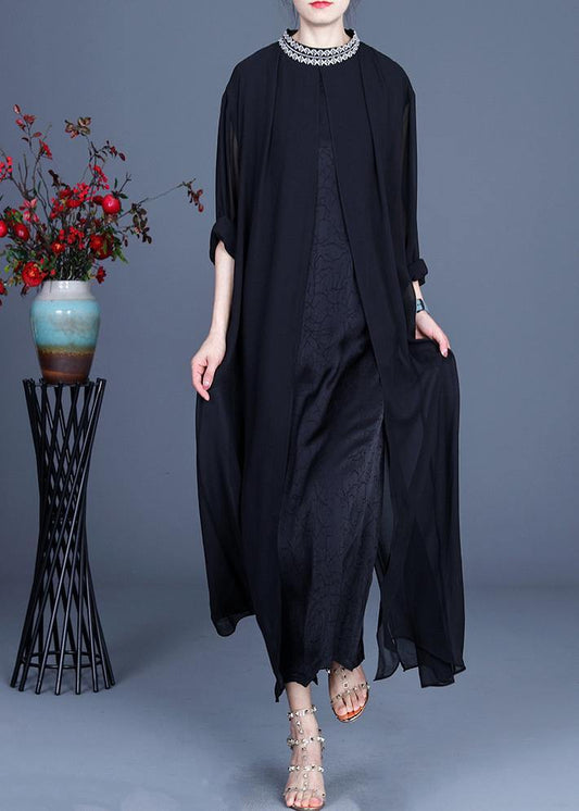 Bohemian Black Embroidery Oversize Maxi Summer Spring Chiffon Dress - SooLinen