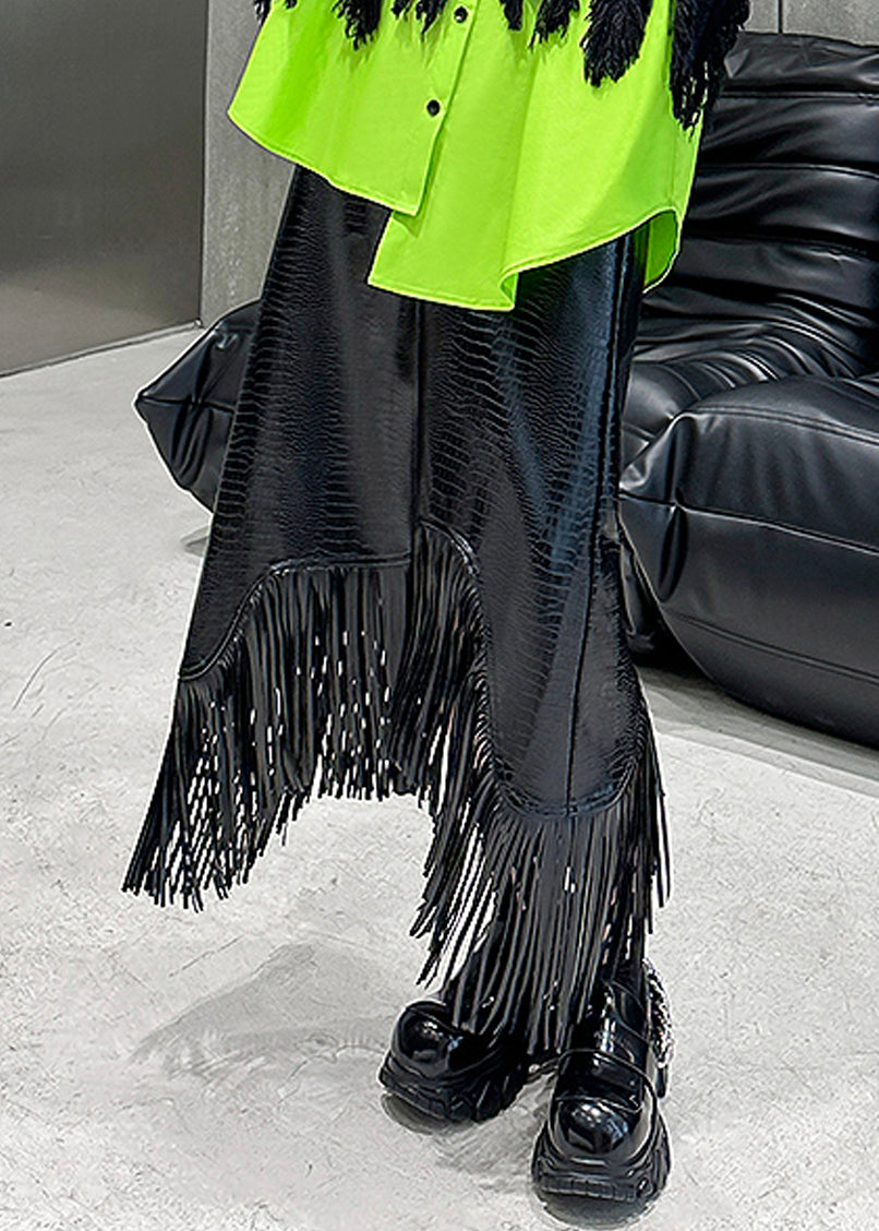 Bohemian Black High Waist Tassel Patchwork Faux Leather A Line Skirt Fall