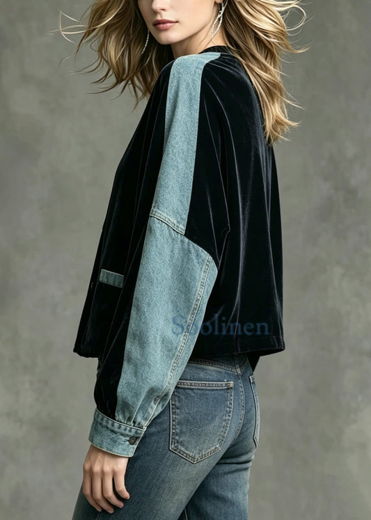 Bohemian Black O-Neck Denim Patchwork Velvet Jacket Fall