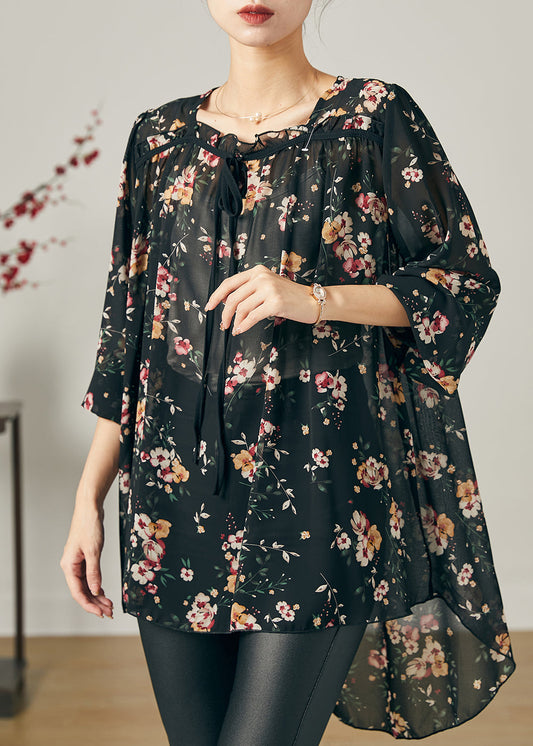 Bohemian Schwarz Oversized Print Chiffon Shirt Sommer