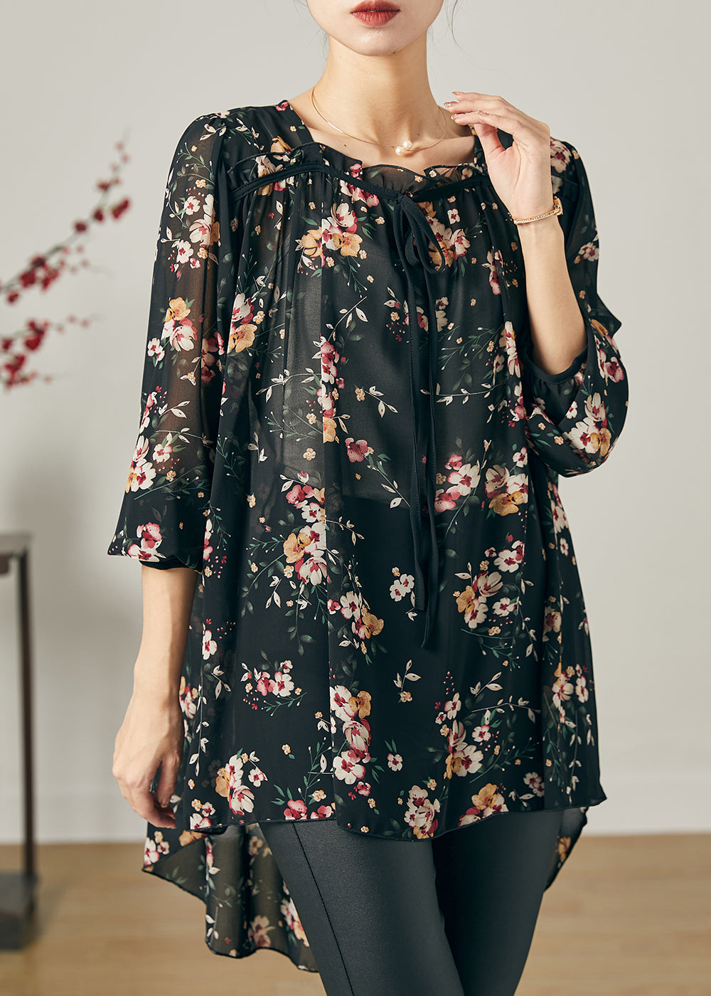 Bohemian Schwarz Oversized Print Chiffon Shirt Sommer