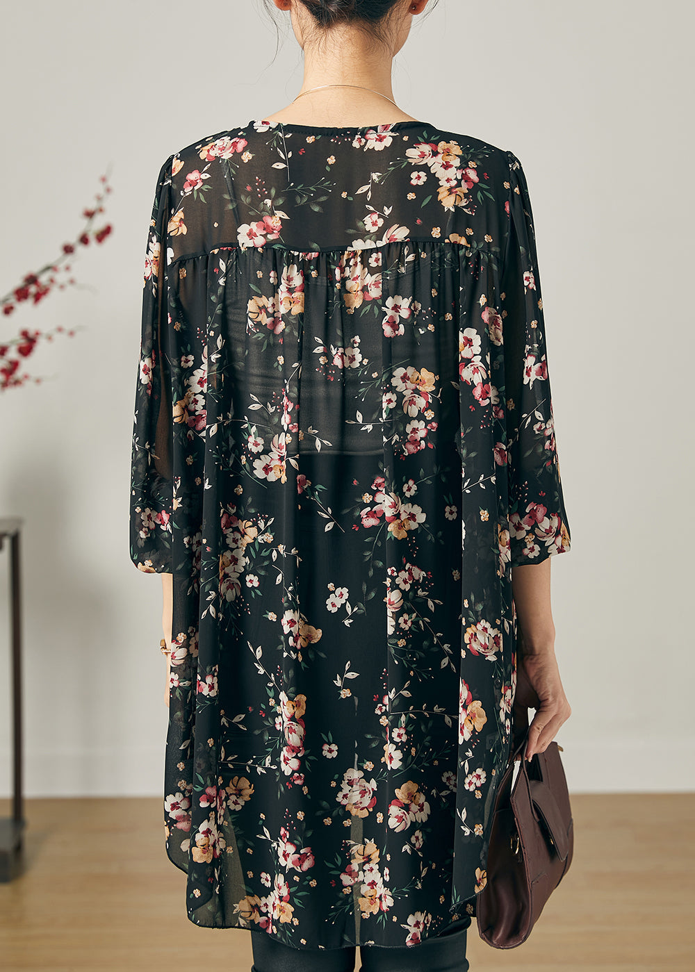 Bohemian Schwarz Oversized Print Chiffon Shirt Sommer