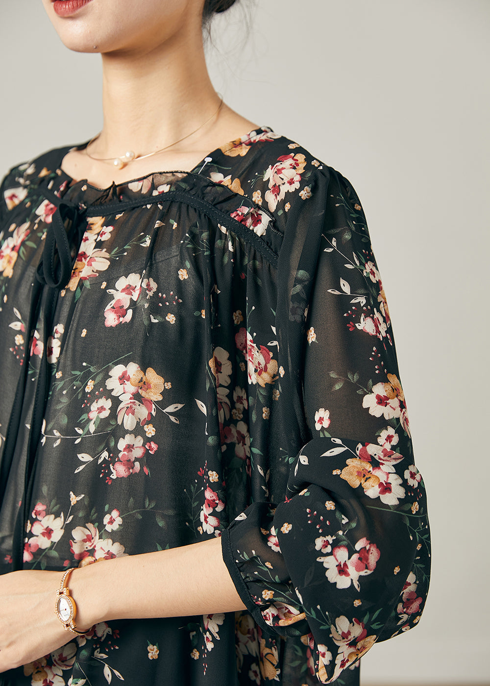 Bohemian Schwarz Oversized Print Chiffon Shirt Sommer