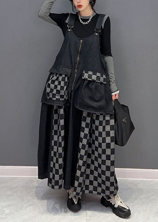 Bohemian Schwarz Patchwork Baumwolle Denim Strap Kleider Frühling