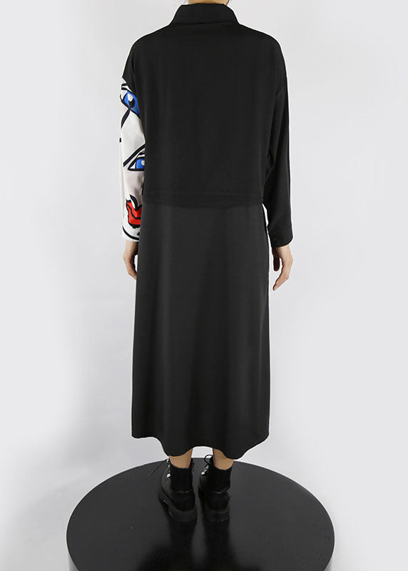 Böhmisches schwarzes Peter-Pan-Kragen-Knopfdruck-Hemdkleid Frühling