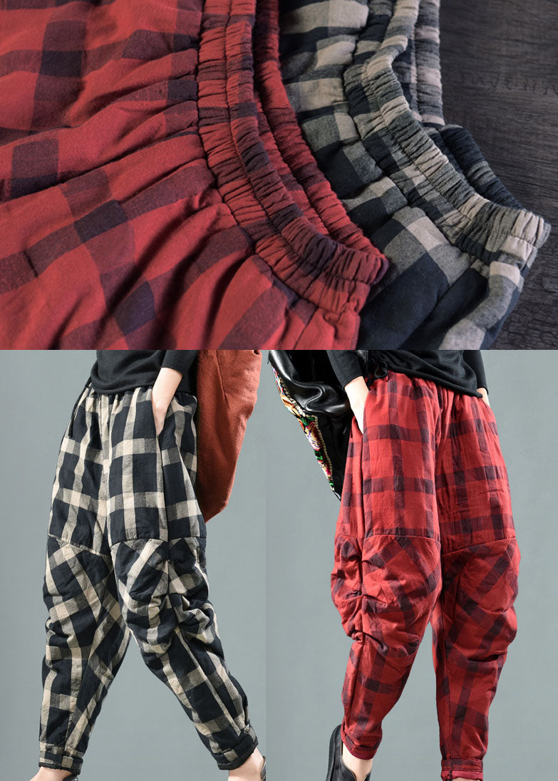Bohemian Schwarz Plaid Feine Baumwolle Gefüllte Hose Winter