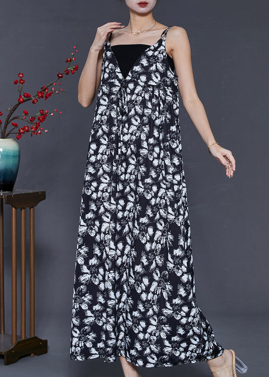 Boho Schwarz Print Extra Großer Saum Chiffon Sommerkleid Sommer