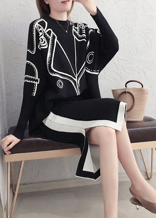 Bohemian Schwarz Quaste Patchwork Strick Zweiteiler Set Winter