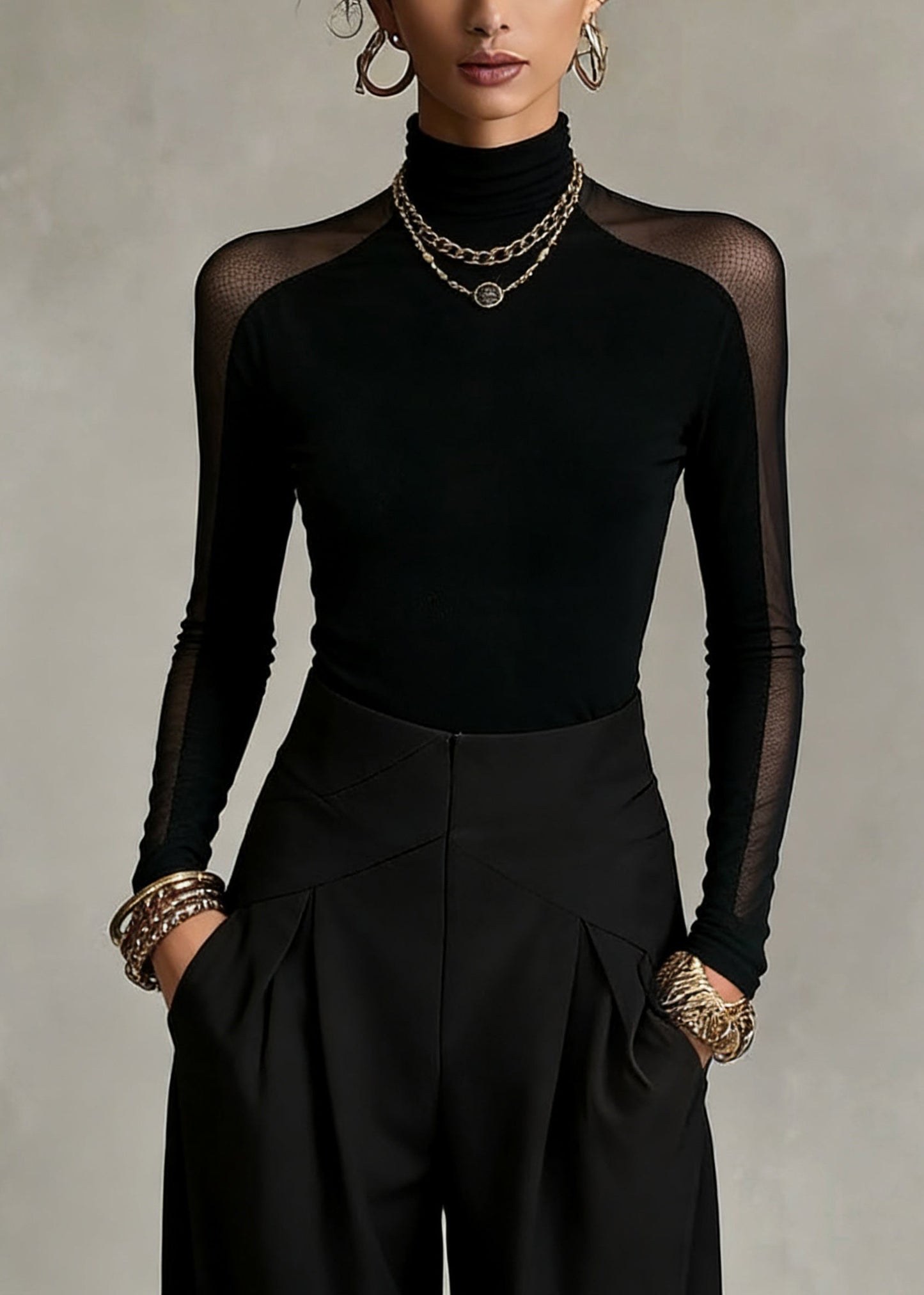 Bohemian Black Turtleneck Patchwork Tulle Top Spring