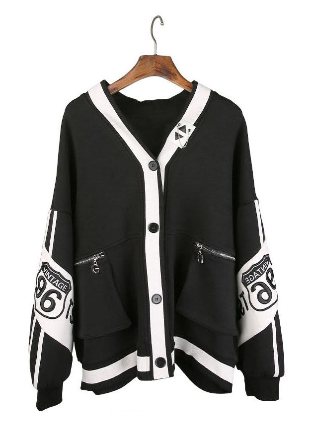 Bohemian Schwarz V-Ausschnitt Patchwork Knopf Mantel Frühling