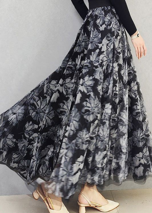 Bohemian Schwarz Weiß Floral Hohe Taille Print Drapieren Tüll Maxi Rock