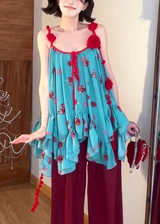 Bohemian Blue Asymmetrical Floral Spaghetti Strap Tops Summer