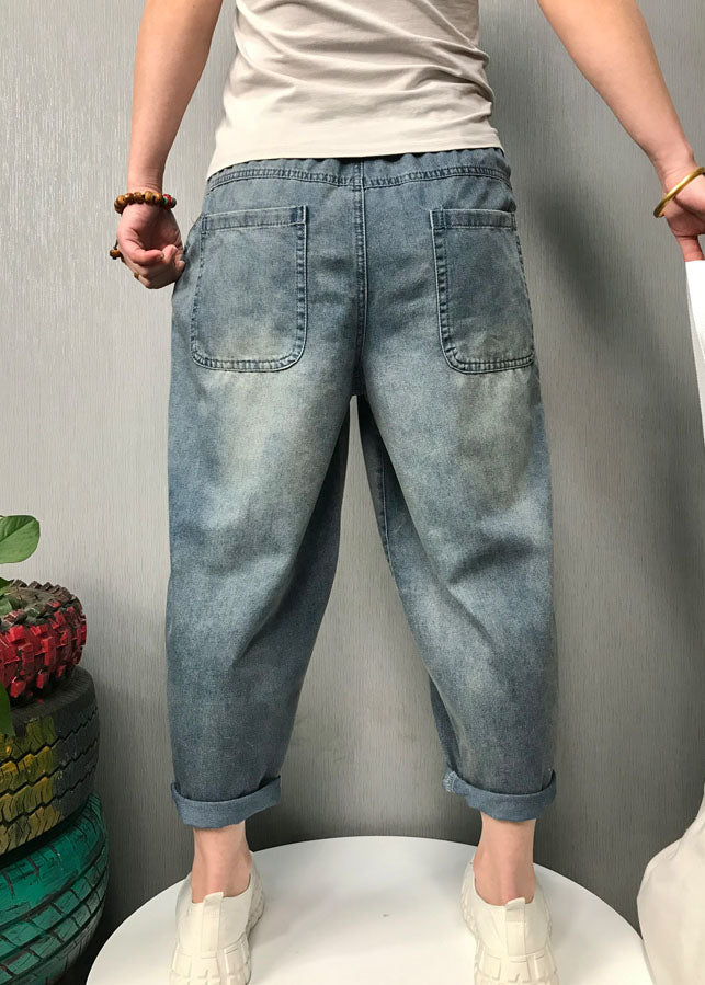 Bohemian Blue Embroidered Denim Pants Frühling