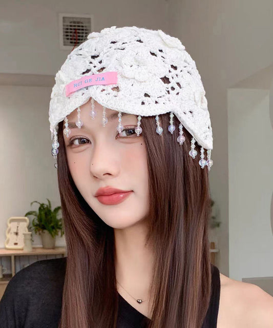 Bohemian Blue Floral Tassel Hollow Out Knit Boonie Hat