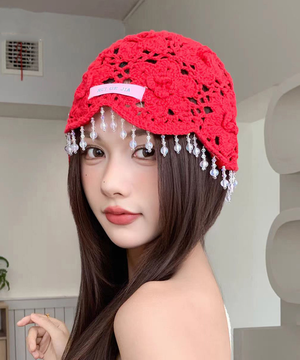 Bohemian Blue Floral Tassel Hollow Out Knit Boonie Hat