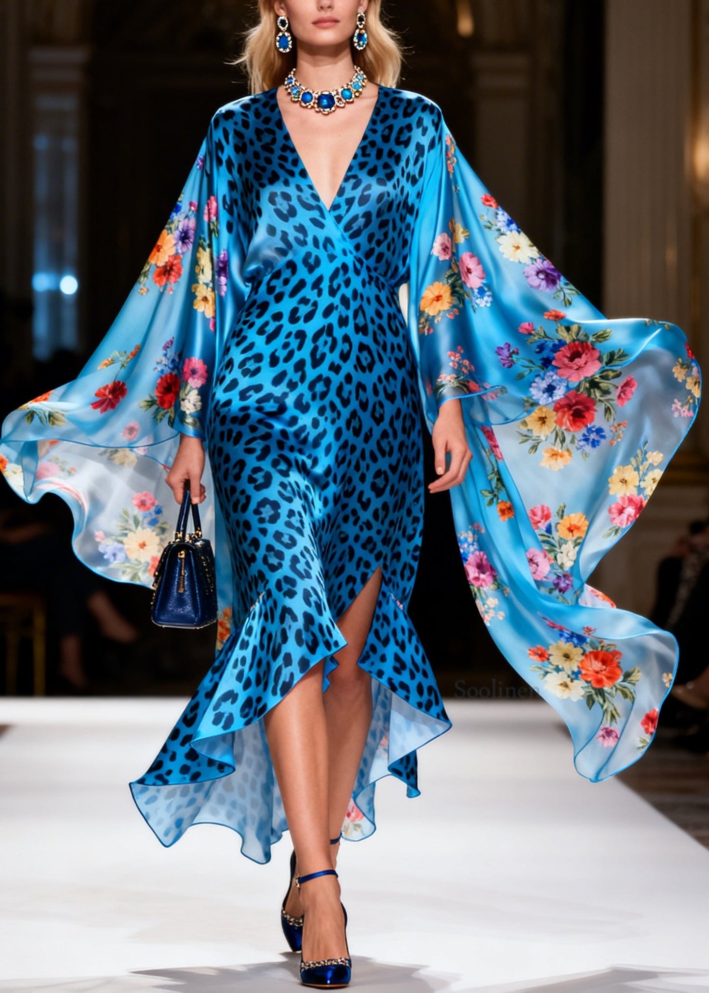 Bohemian Blue Leopard Asymmetrical Floral Silk Robe Dresses Summer