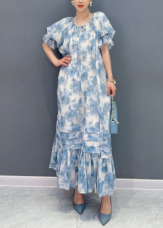Bohemian Blau O-Ausschnitt Rüschen Patchwork Print Chiffon Maxi Kleider Sommer