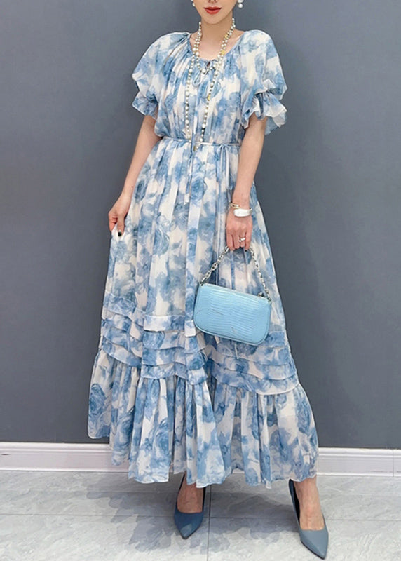 Bohemian Blau O-Ausschnitt Rüschen Patchwork Print Chiffon Maxi Kleider Sommer