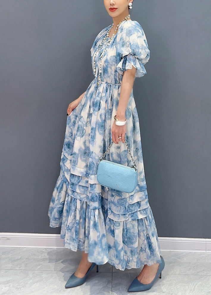 Bohemian Blau O-Ausschnitt Rüschen Patchwork Print Chiffon Maxi Kleider Sommer