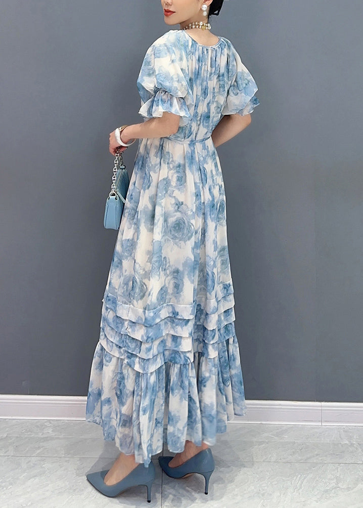 Bohemian Blau O-Ausschnitt Rüschen Patchwork Print Chiffon Maxi Kleider Sommer