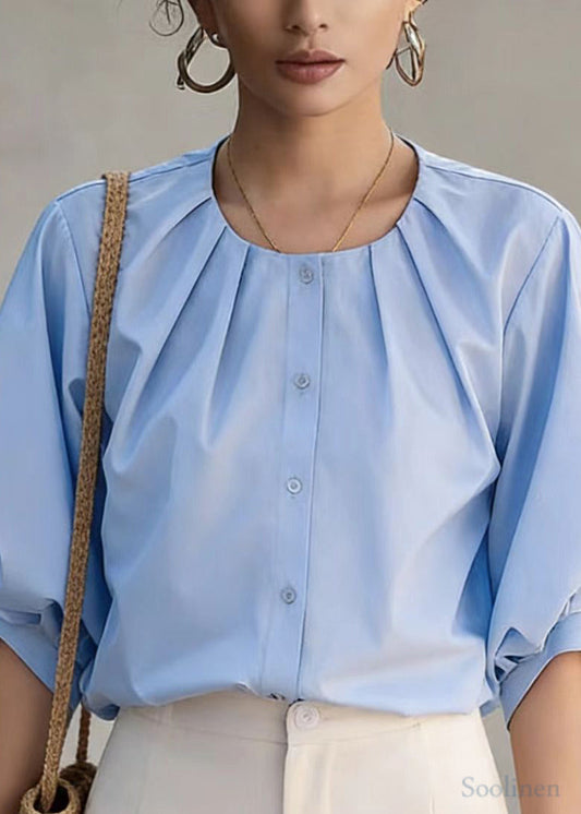 Bohemian Blue O-Neck Wrinkled Cotton Shirt Top Lantern Sleeve
