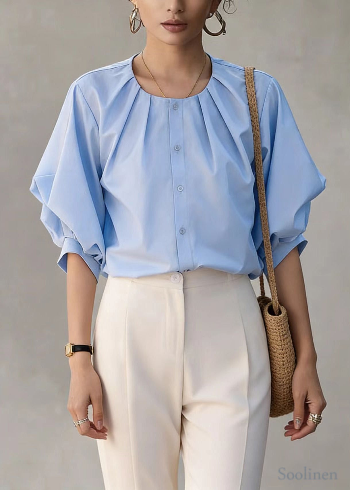 Bohemian Blue O-Neck Wrinkled Cotton Shirt Top Lantern Sleeve