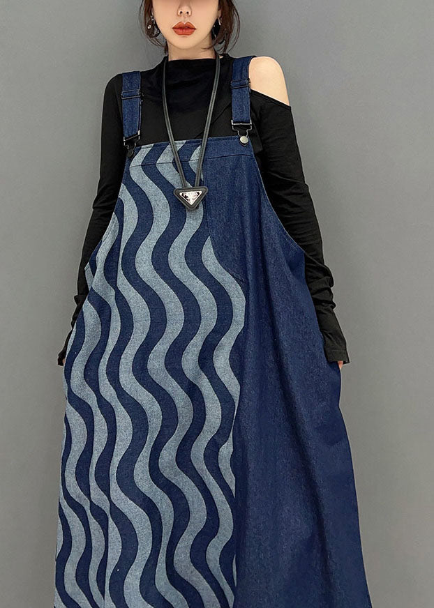 Bohemian Blau Patchwork Baumwolle Denim Strap Kleider Frühling