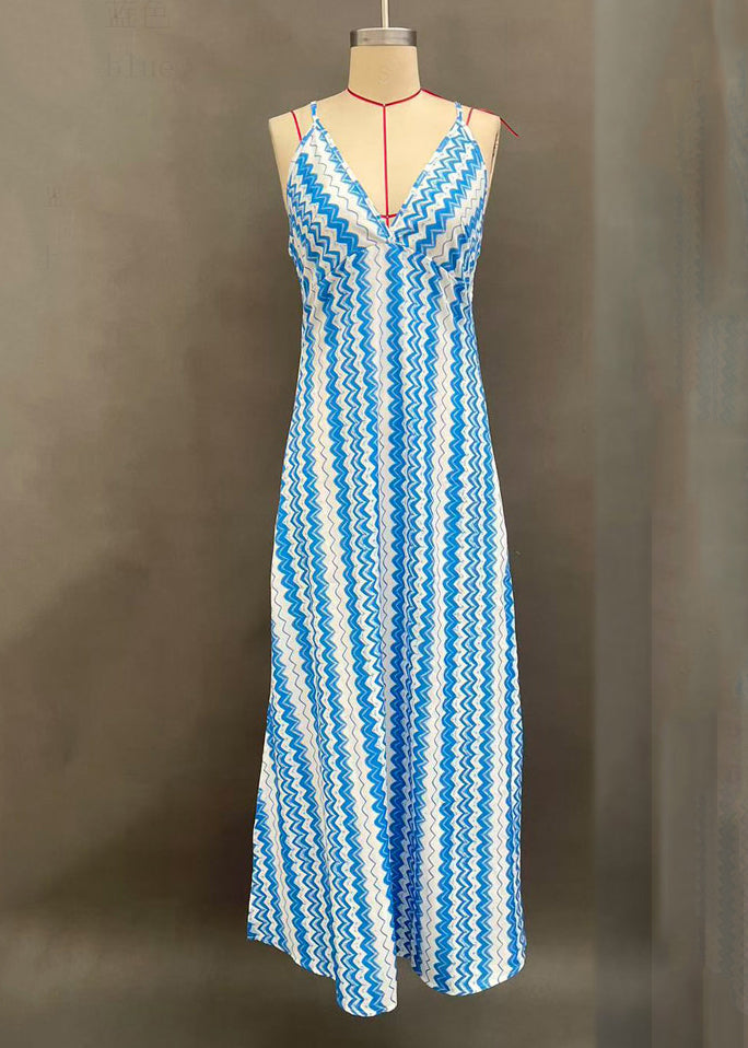 Bohemian Blue Print Long Spaghetti Strap Dress Summer